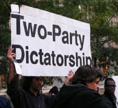 'Two-Party Dictatorship' Sign at Occupy Wall Street, New York City, photo by Rick Theis